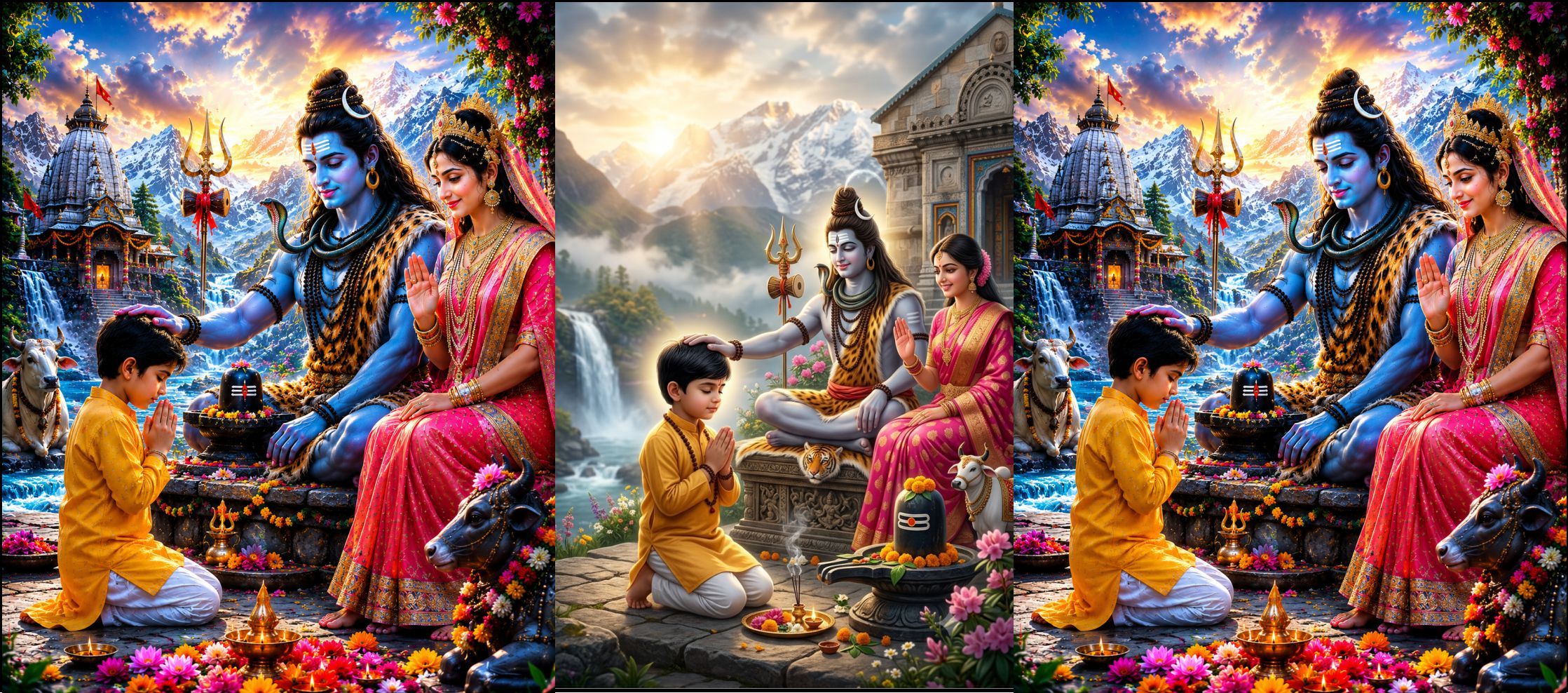 महादेव और माता पार्वती का आशीर्वाद लेते हुए छोटे बच्चे की 8K AI Prompt | Hyper Realistic Devotional Poster