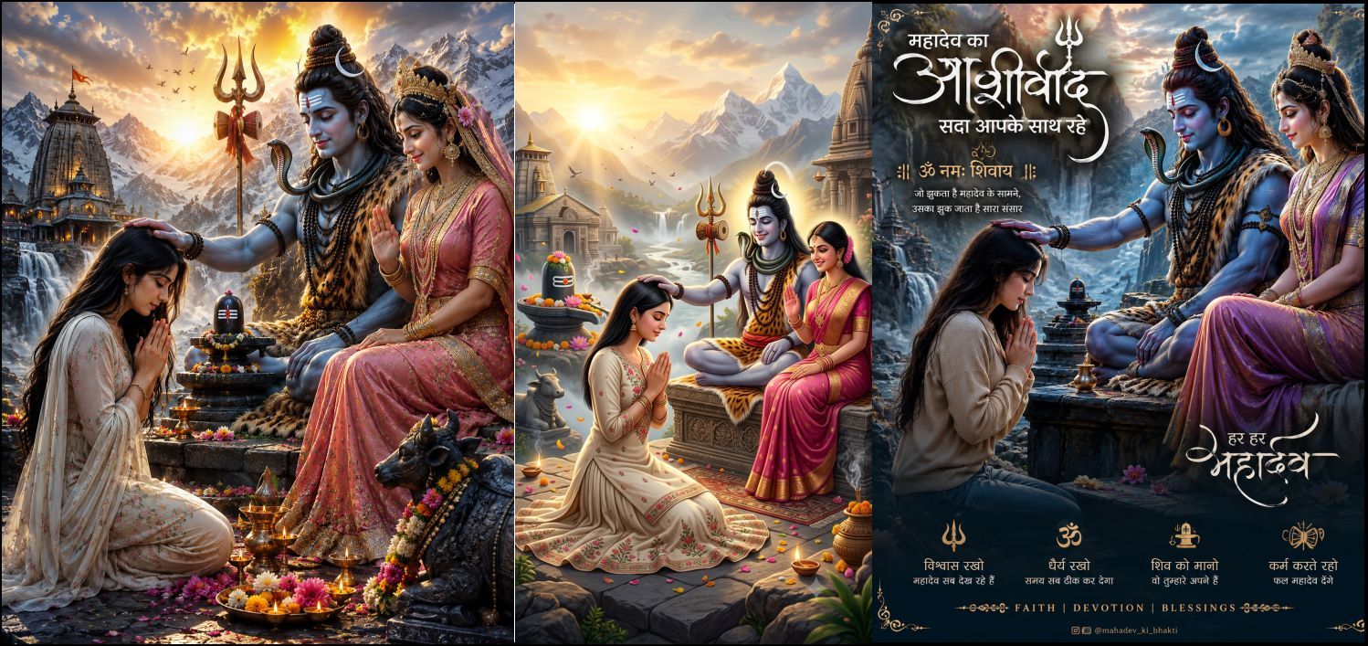 Mahadev Blessing AI Prompt | Lord Shiva & Parvati Blessing Girl 8K Cinematic Devotional Poster Prompt महादेव और माता पार्वती का आशीर्वाद लेते हुए लड़की की 8K AI फोटो Prompt