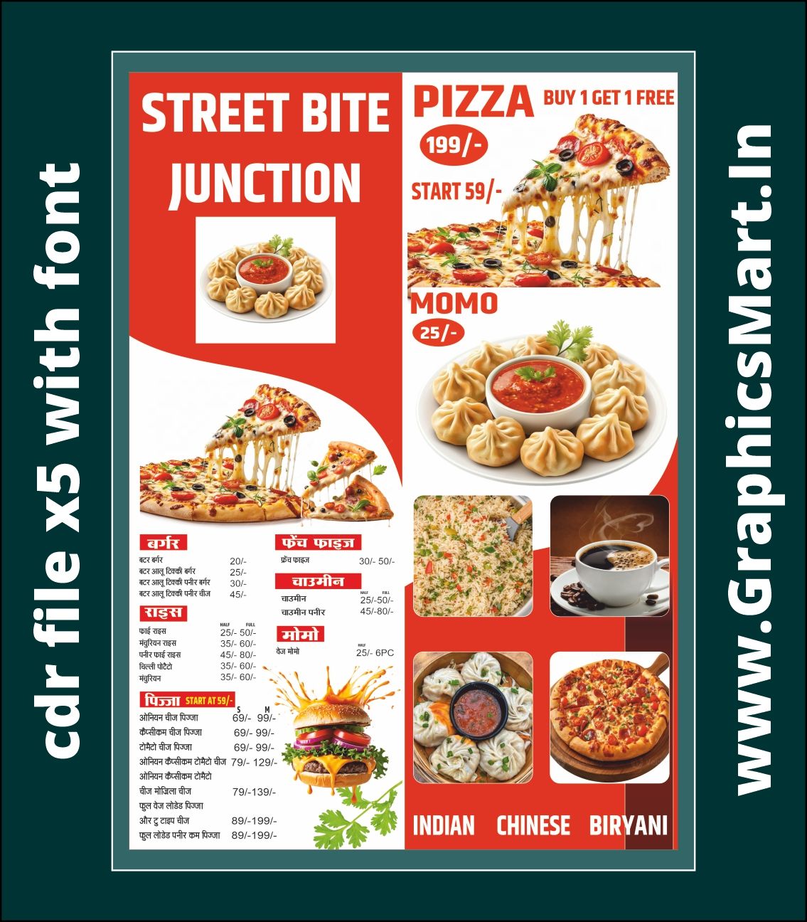Street Bite Junction Fast Food Menu CDR File X5 With Font | Editable Restaurant Menu Design
