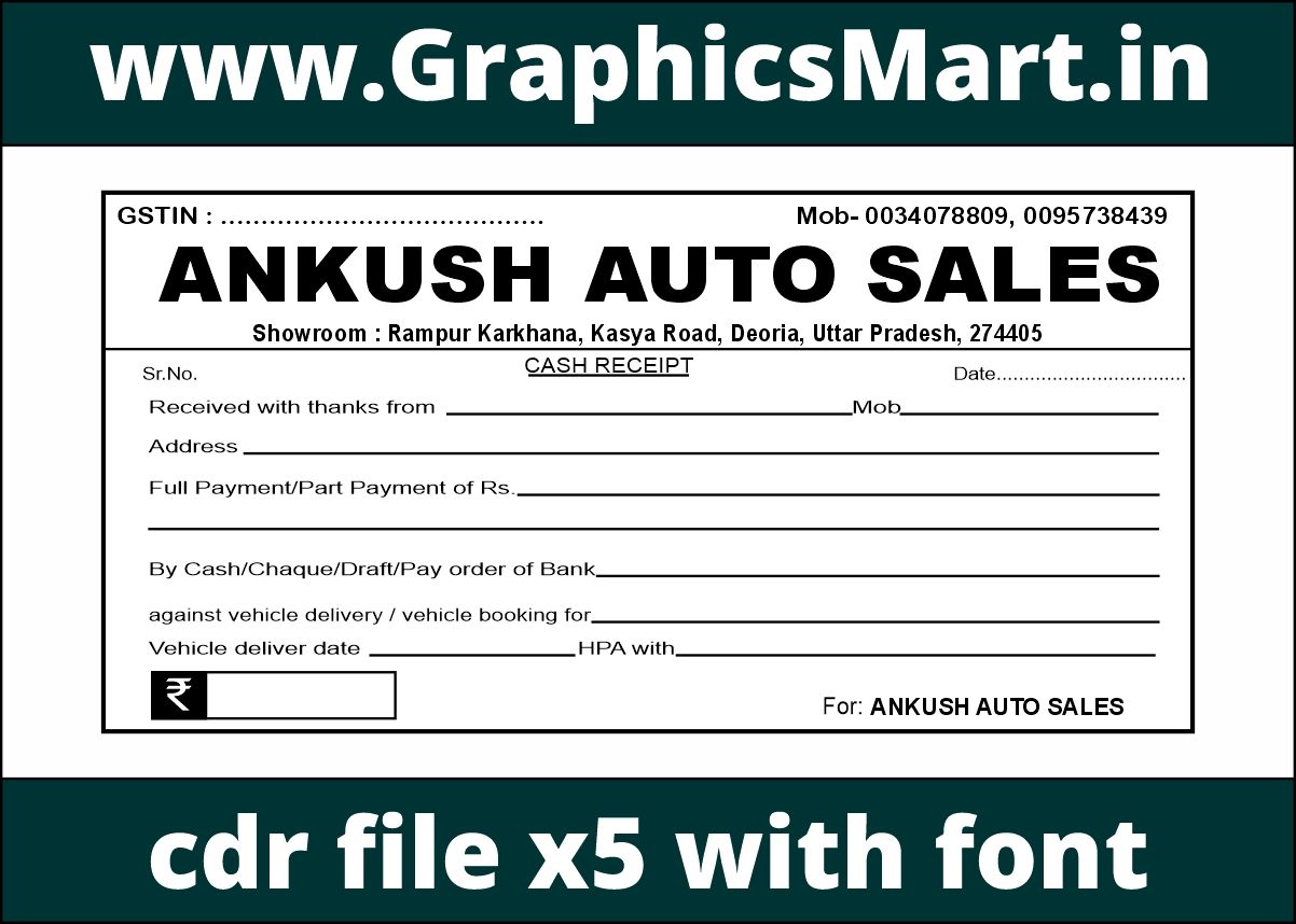 Ankush Auto Sales Cash Receipt CDR File – Professional Editable Receipt Book Design With Font