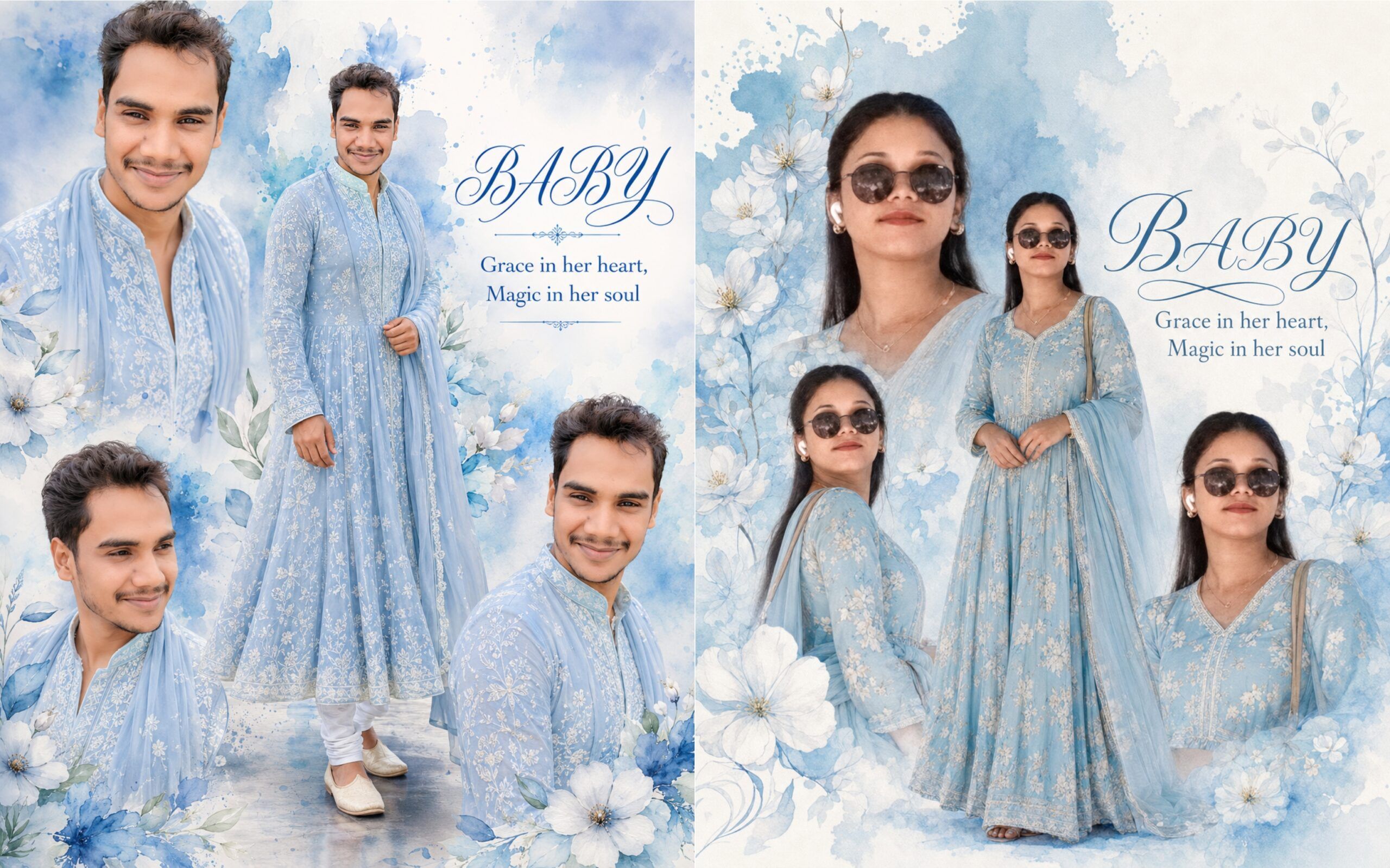Cinematic Blue Floral Photo Collage AI Prompt | 4 Pose Portrait