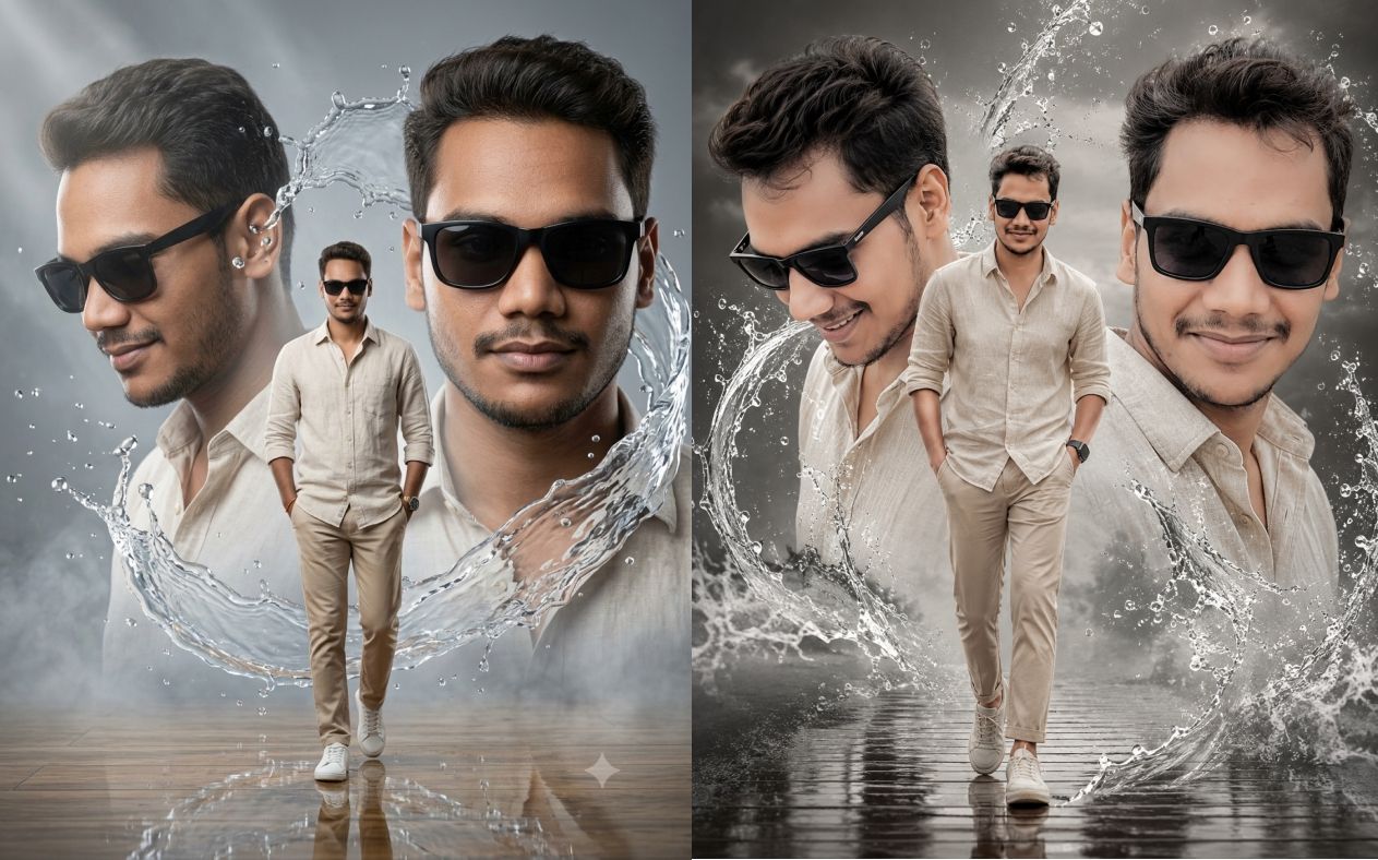 Triple Composition Water Splash Portrait AI Prompt | Cinematic Fashion Photo Prompt | Face Lock Portrait Generator