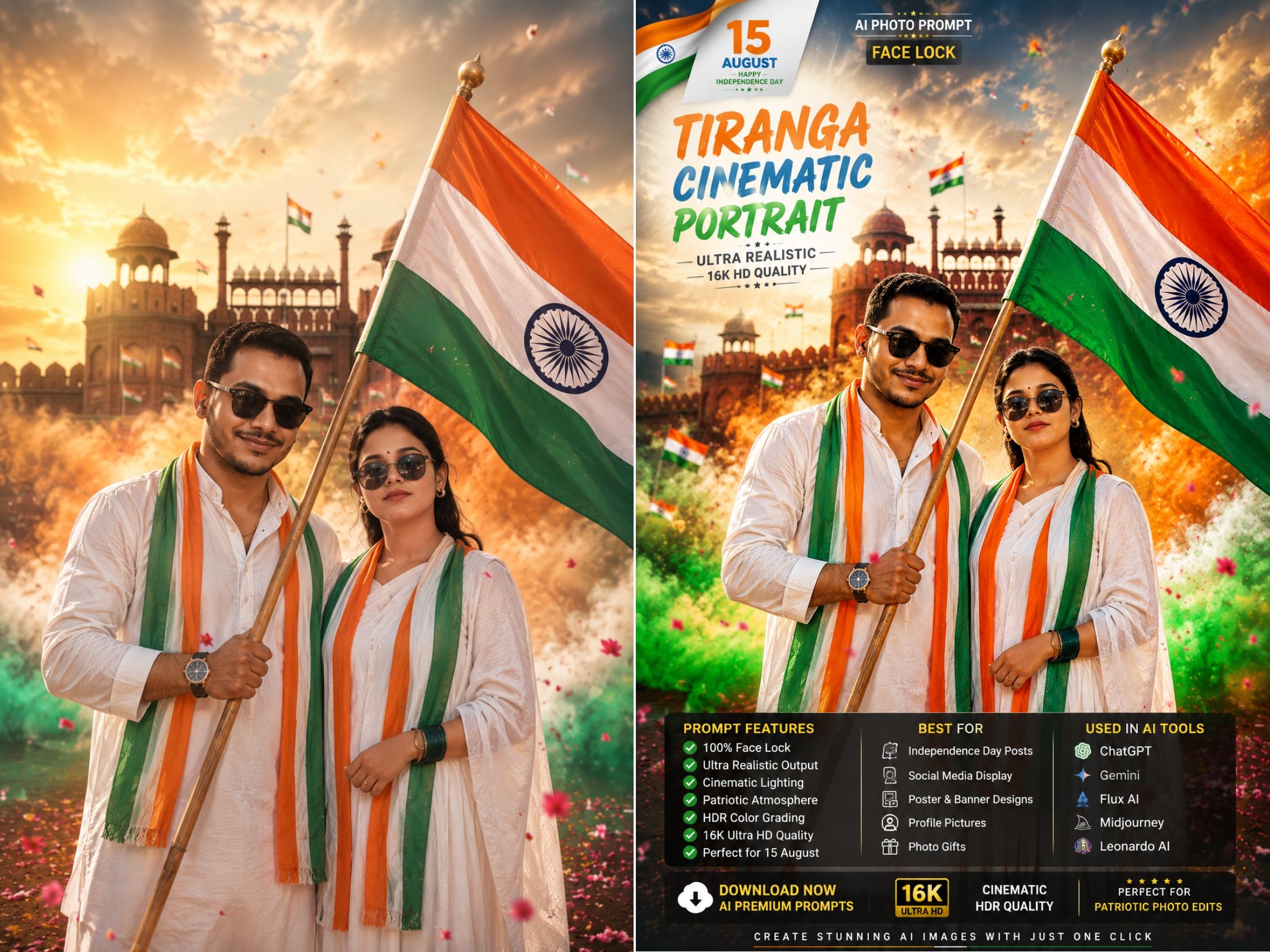 15 August Tiranga Cinematic Portrait AI Prompt | Face Lock Independence Day Photo Prompt