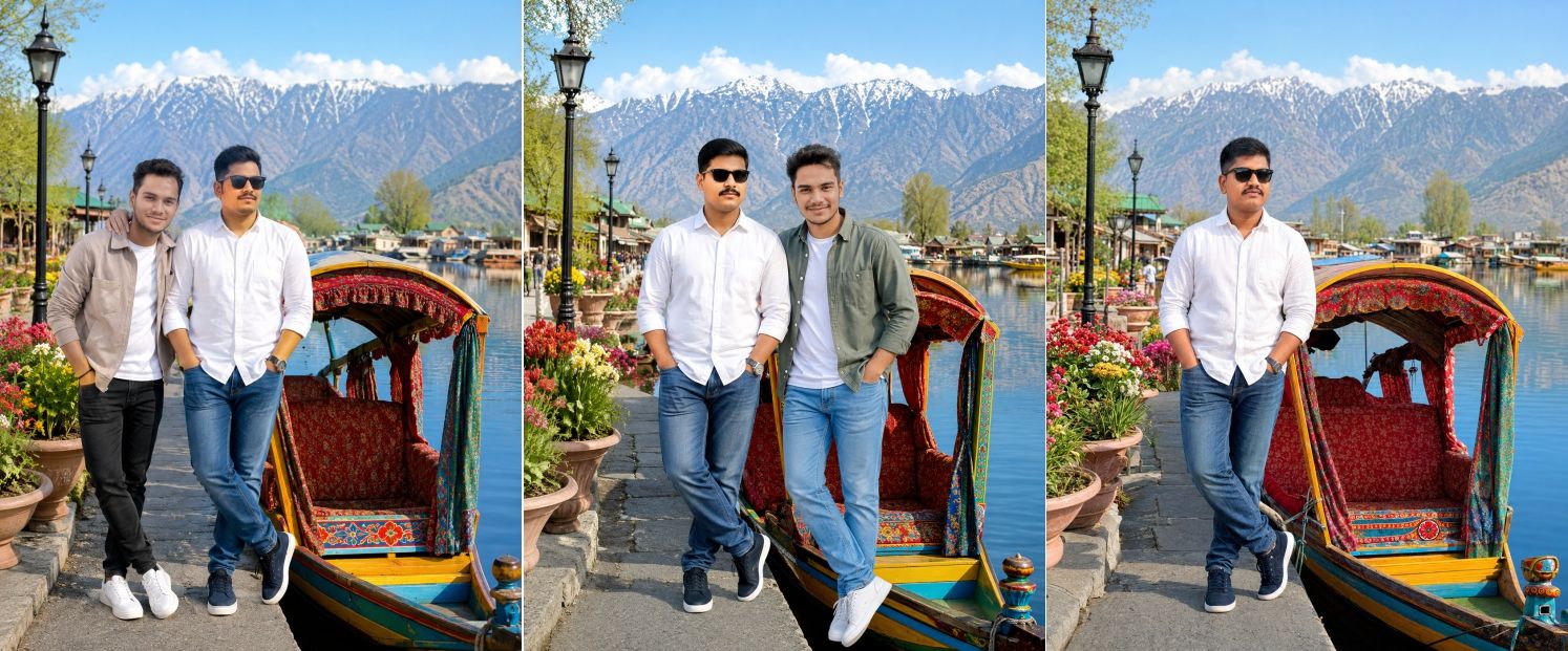 Best Friends AI Photo Prompt | Ultra Realistic Kashmir Dal Lake Travel Portrait Generator