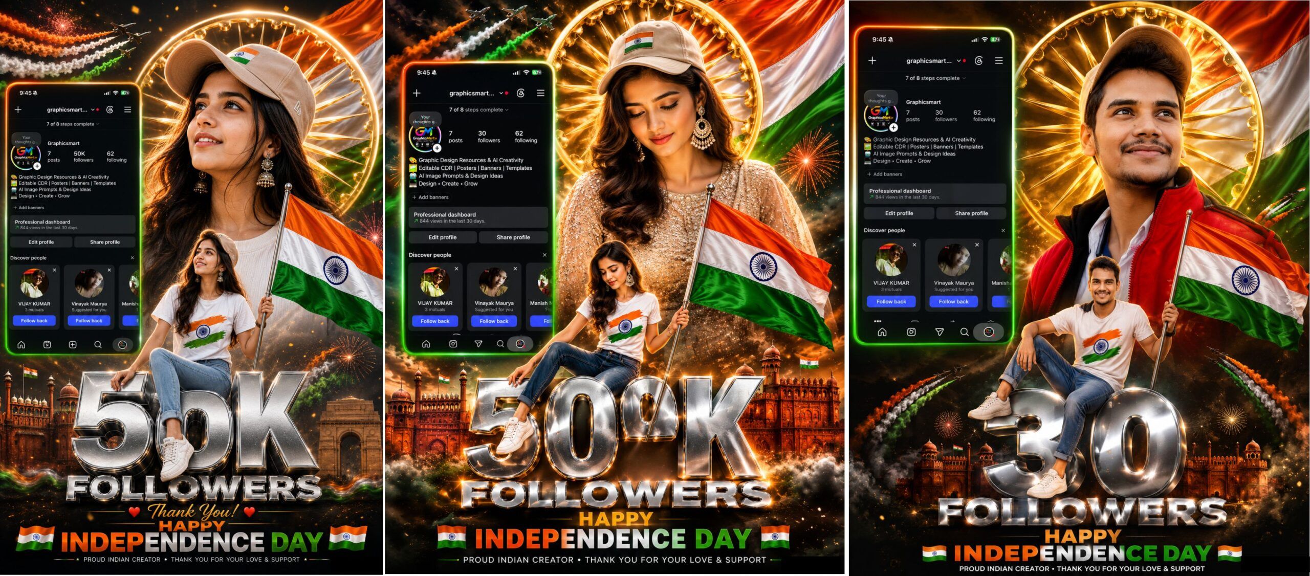 Independence Day 50K Followers AI Poster Prompt Bundle | Instagram Milestone Poster Prompts