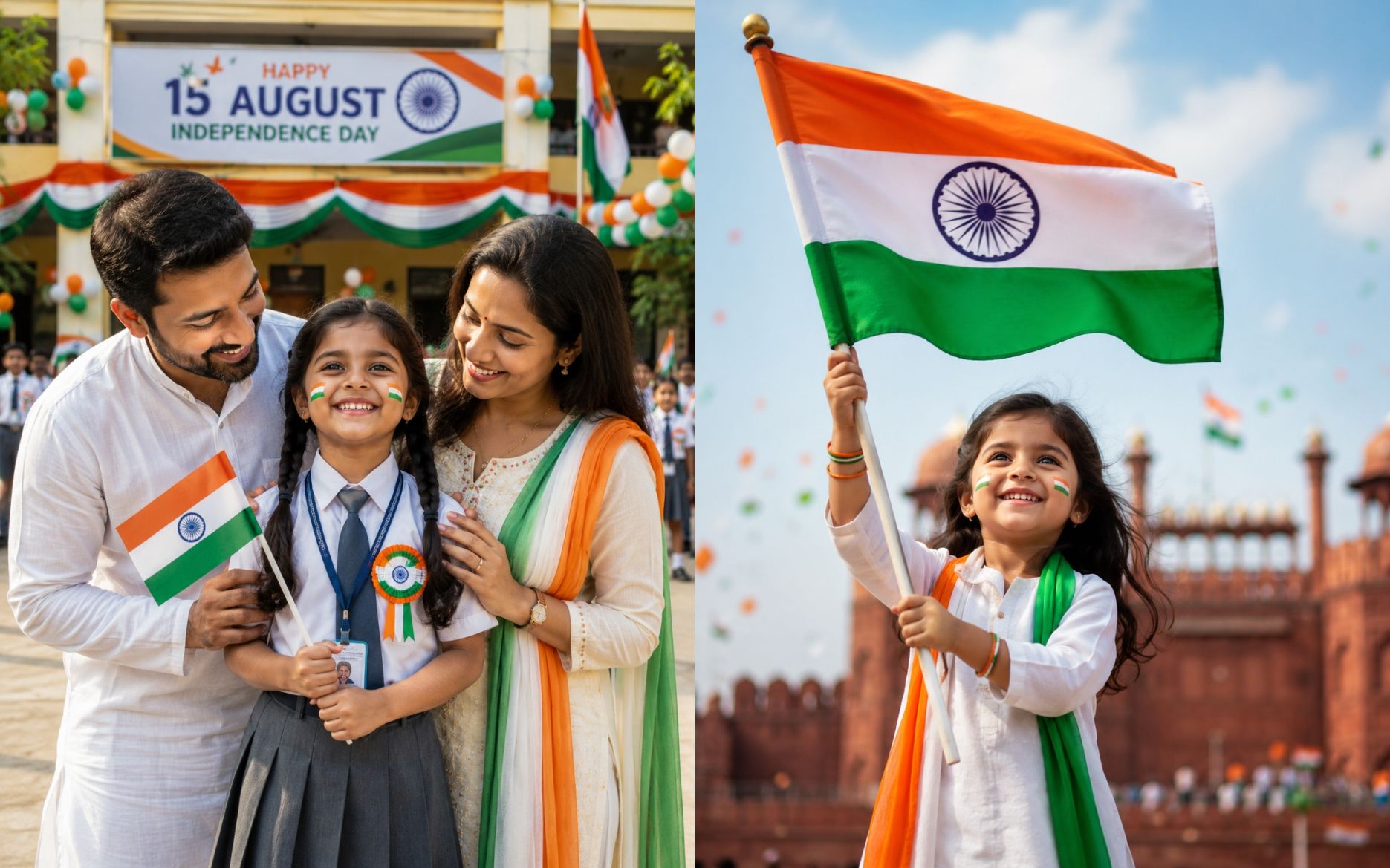15 August School Family AI Photo Prompt | Independence Day Parents & Child Portrait Generator | Ultra Realistic 8K